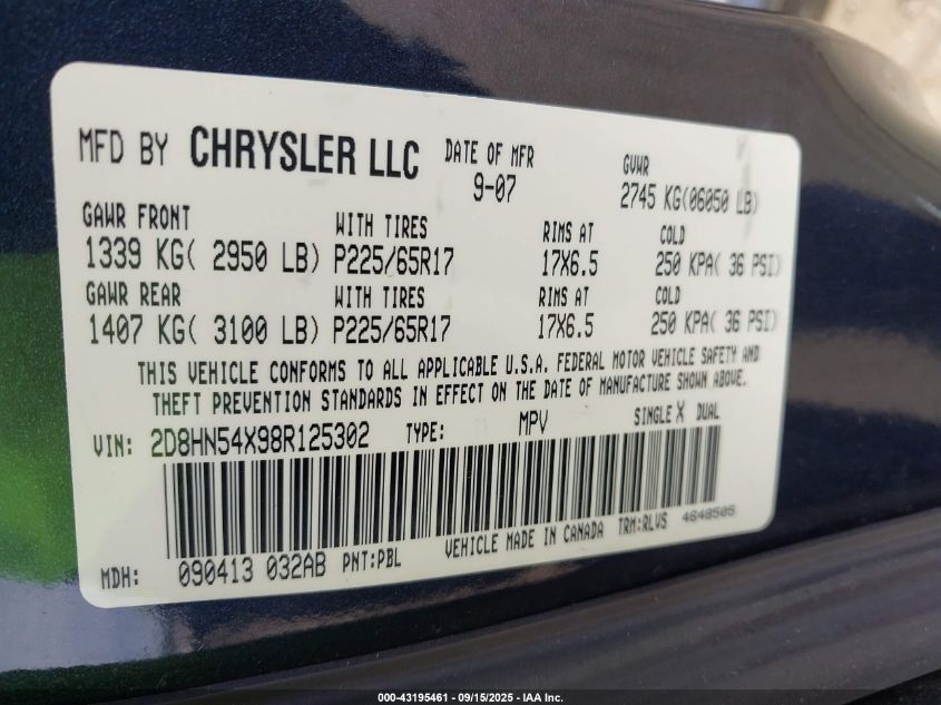 2008 Dodge Grand Caravan Sxt VIN: 2D8HN54X98R125302 Lot: 43195461