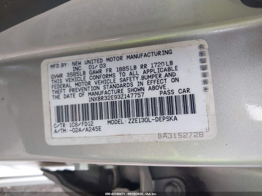 2003 Toyota Corolla S VIN: 1NXBR32E93Z147757 Lot: 43195471