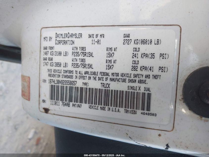 2002 Dodge Dakota Sport VIN: 1B7HL38N92S558657 Lot: 43195470