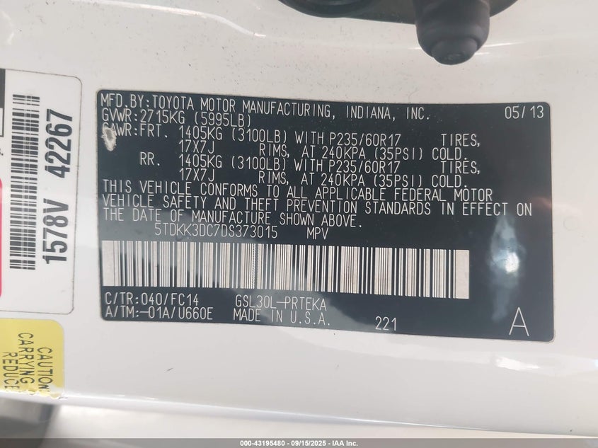 2013 Toyota Sienna Le V6 8 Passenger VIN: 5TDKK3DC7DS373015 Lot: 43195480