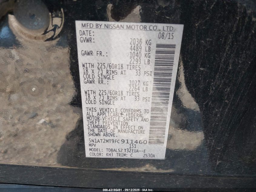 2015 Nissan Rogue S/Sl/Sv VIN: 5N1AT2MT9FC911460 Lot: 43195491