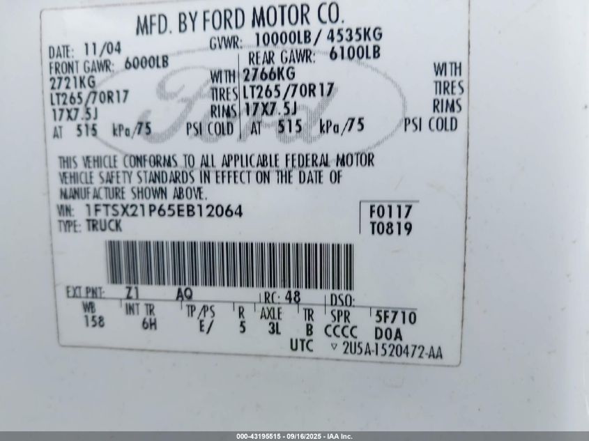 2005 Ford F-250 Lariat/Xl/Xlt VIN: 1FTSX21P65EB12064 Lot: 43195515