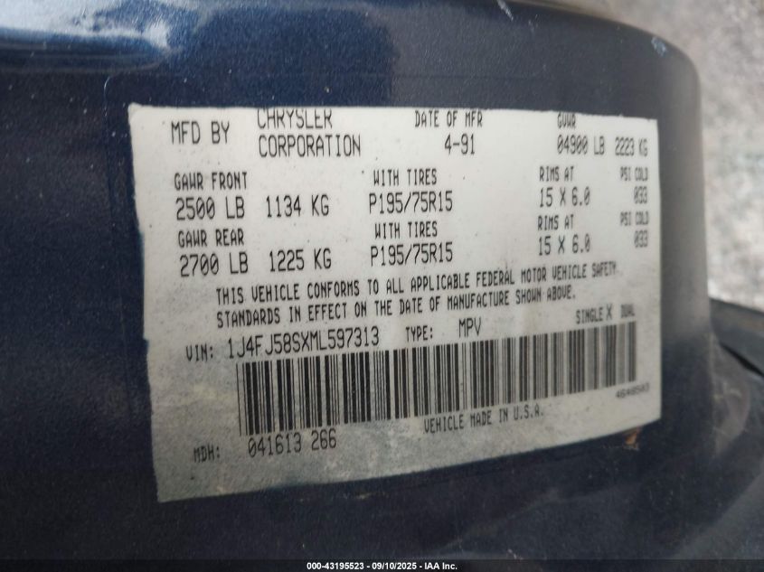 1991 Jeep Cherokee Laredo VIN: 1J4FJ58SXML597313 Lot: 43195523