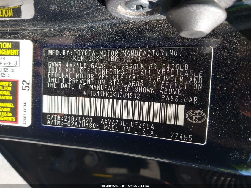 2019 Toyota Camry Se VIN: 4T1B11HK0KU701503 Lot: 43195557