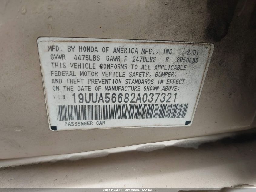 2002 Acura Tl 3.2 VIN: 19UUA56682A037321 Lot: 43195571