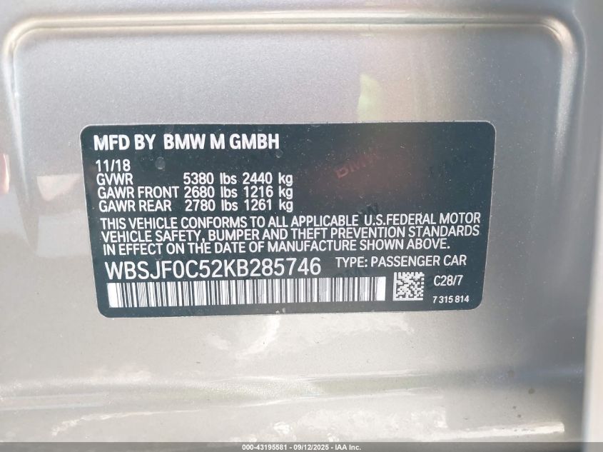 2019 BMW M5 - WBSJF0C52KB285746