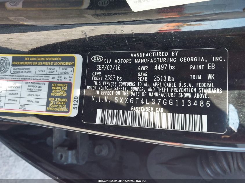 2016 Kia Optima Lx VIN: 5XXGT4L37GG113486 Lot: 43195592