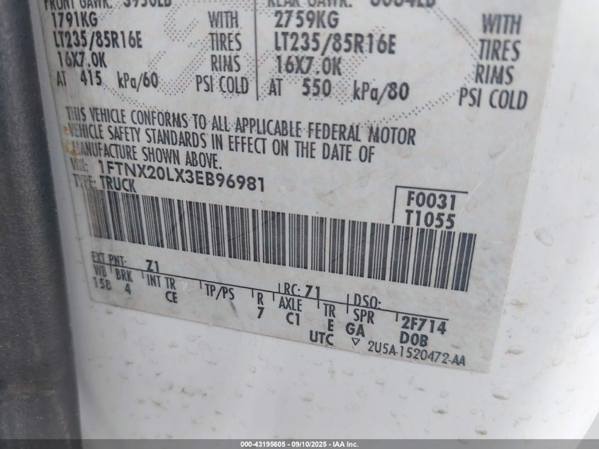 2003 Ford F-250 Lariat/Xl/Xlt VIN: 1FTNX20LX3EB96981 Lot: 43195605