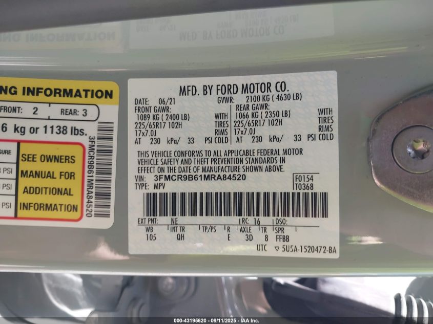 2021 Ford Bronco Sport Big Bend VIN: 3FMCR9B61MRA84520 Lot: 43195620