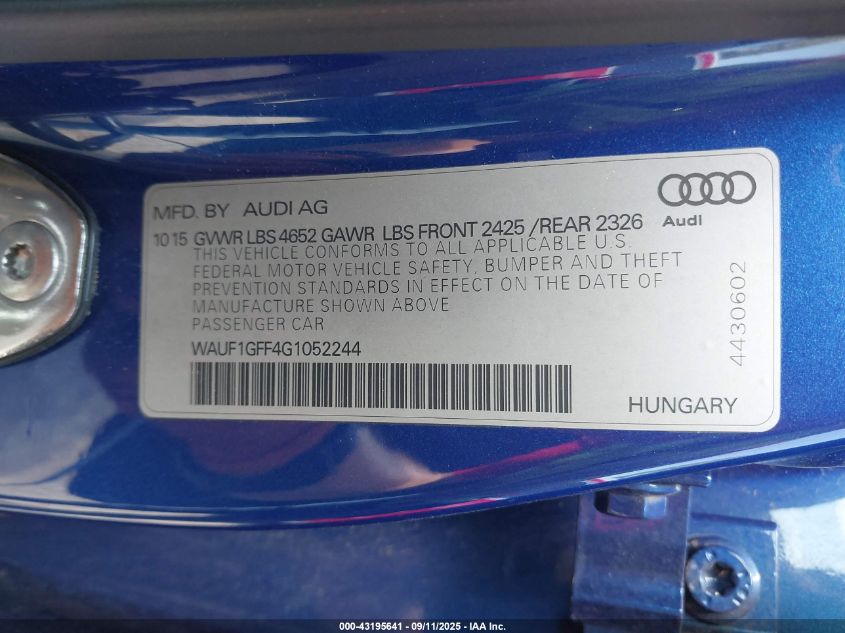 2016 Audi S3 2.0T Premium Plus VIN: WAUF1GFF4G1052244 Lot: 43195641