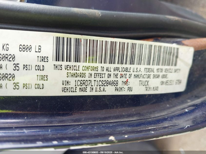 2012 Ram 1500 Slt VIN: 1C6RD7LT1CS284068 Lot: 43195653