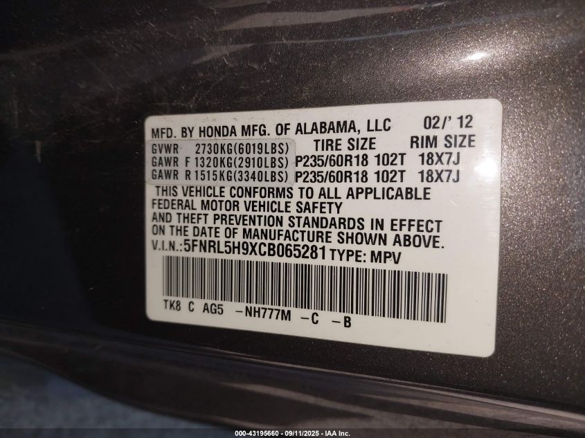 2012 Honda Odyssey Touring/Touring Elite VIN: 5FNRL5H9XCB065281 Lot: 43195660