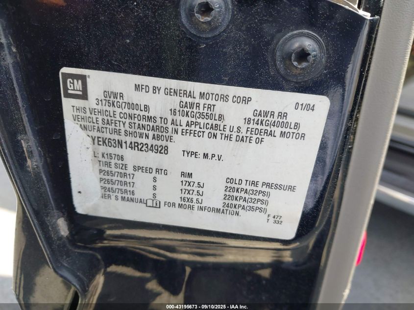 2004 Cadillac Escalade Standard VIN: 1GYEK63N14R234928 Lot: 43195673