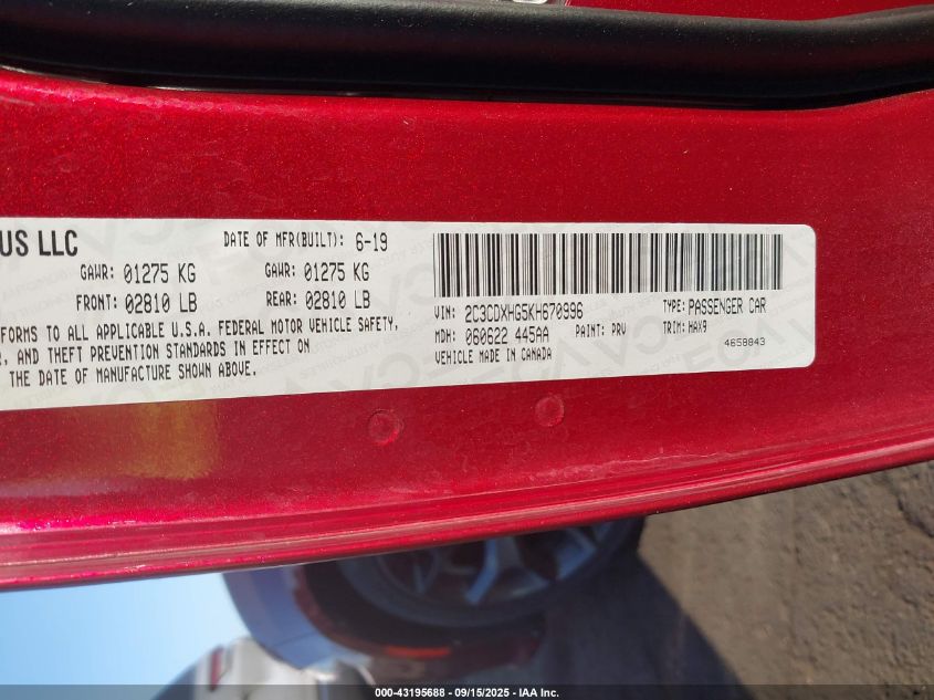 2019 Dodge Charger Gt Rwd VIN: 2C3CDXHG5KH670996 Lot: 43195688