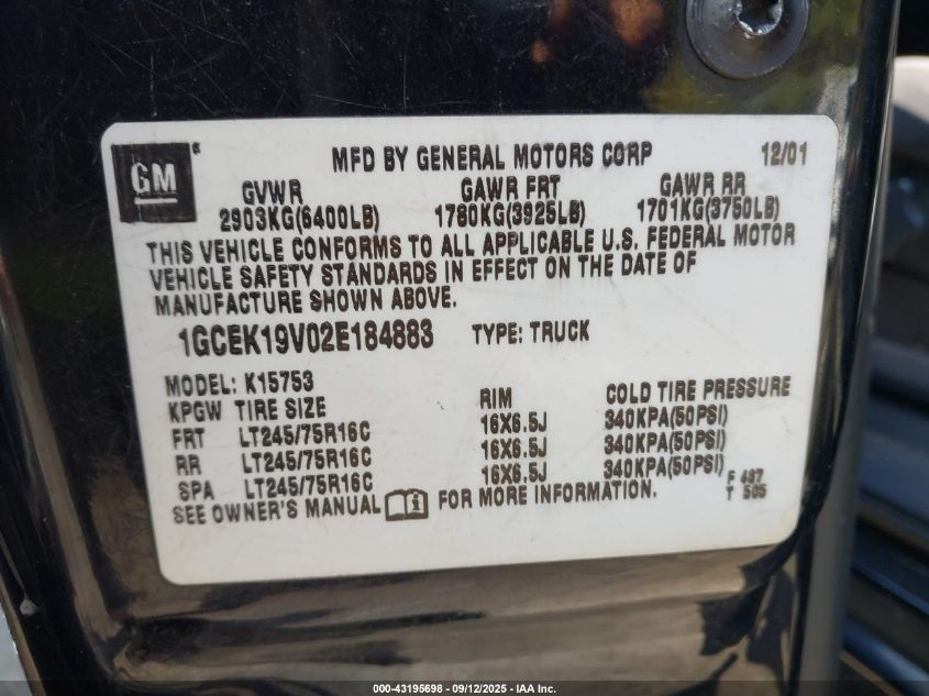 2002 Chevrolet Silverado 1500 Ls VIN: 1GCEK19V02E184883 Lot: 43195698