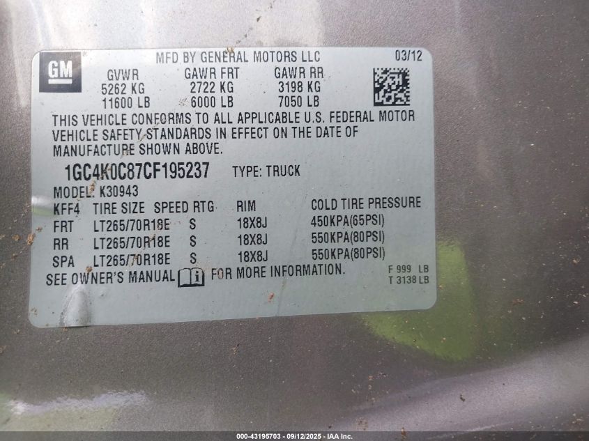 2012 Chevrolet Silverado Lt VIN: 1GC4K0C87CF195237 Lot: 43195703