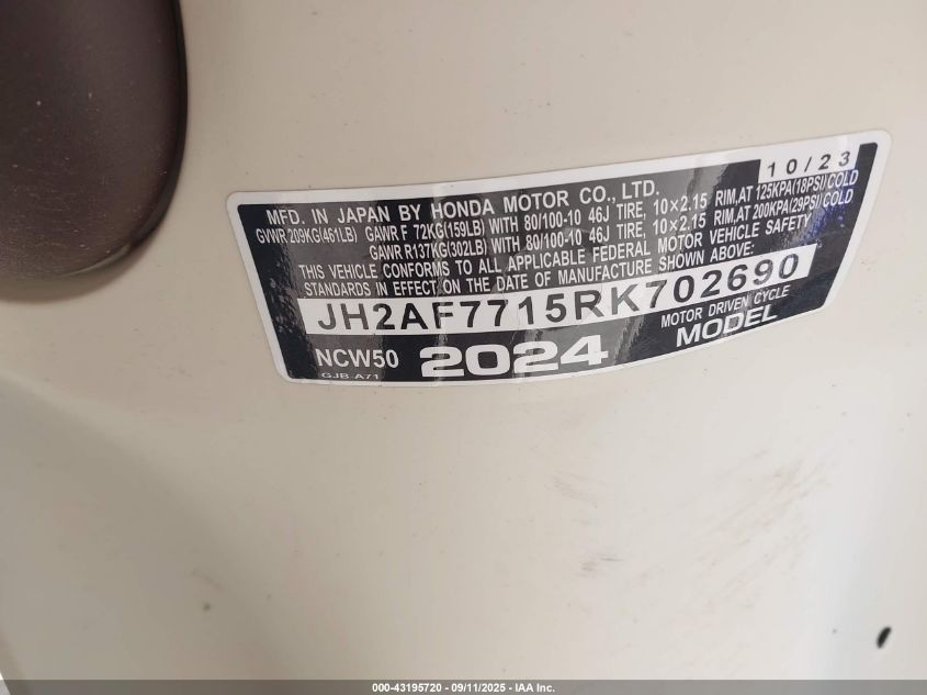 2024 Honda Ncw50 VIN: JH2AF7715RK702690 Lot: 43195720