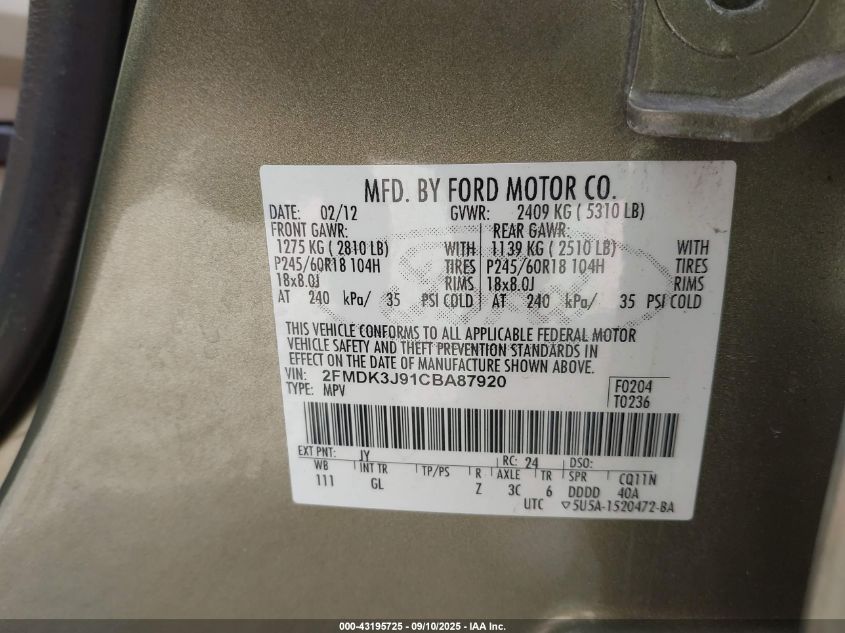 2012 Ford Edge Sel VIN: 2FMDK3J91CBA87920 Lot: 43195725