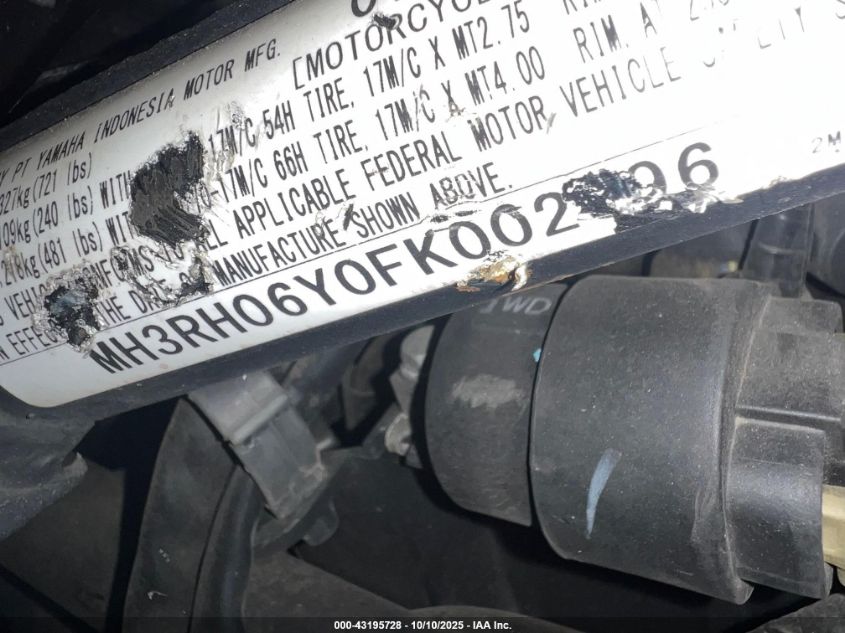 2015 Yamaha Yzfr3 VIN: MH3RH06Y0FK002696 Lot: 43195728