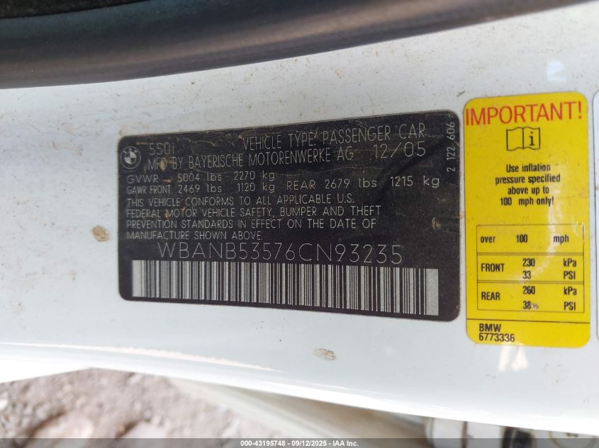 2006 BMW 550I VIN: WBANB53576CN93235 Lot: 43195748