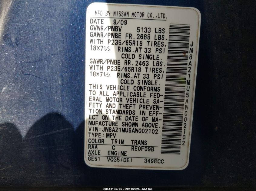 2010 Nissan Murano VIN: JN8AZA1MU5AW00210 Lot: 43195775