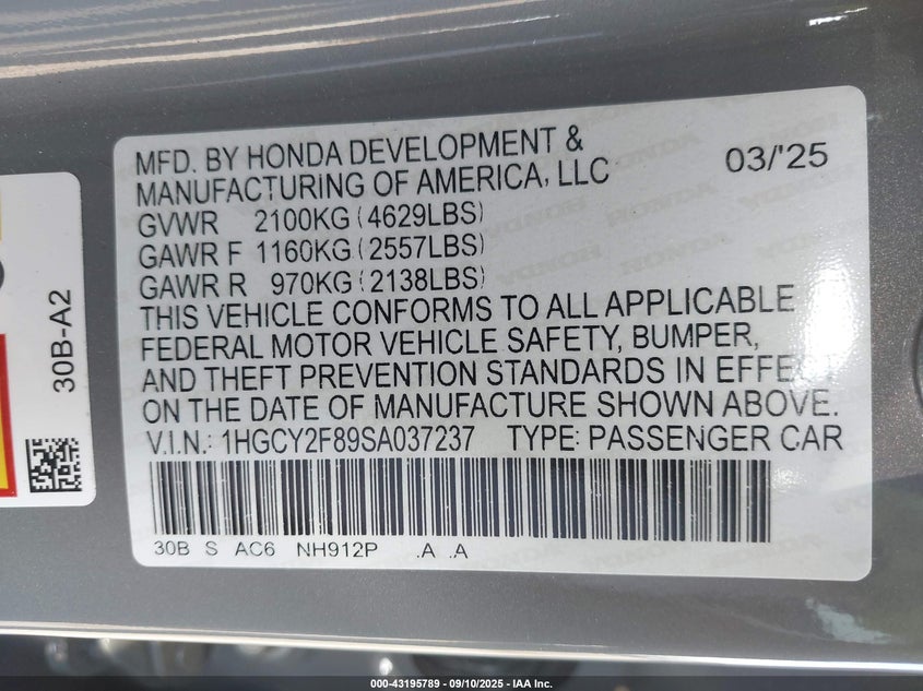 1HGCY2F89SA037237 2025 HONDA ACCORD photo no. 9