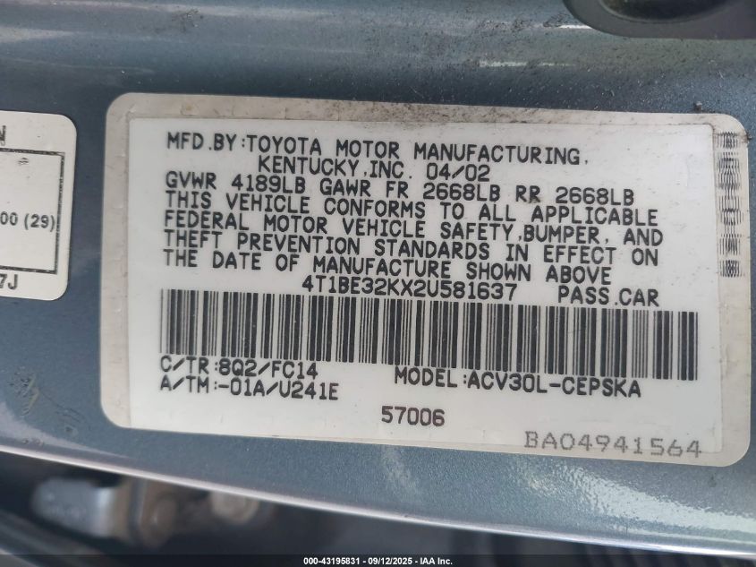 2002 Toyota Camry Se VIN: 4T1BE32KX2U581637 Lot: 43195831