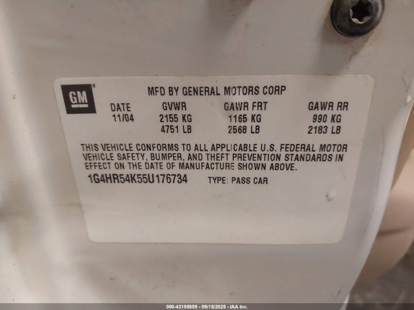 2005 Buick Lesabre Limited VIN: 1G4HR54K55U176734 Lot: 43195859