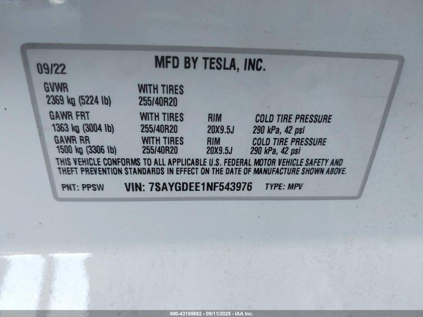 2022 Tesla Model Y Long Range Dual Motor All-Wheel Drive VIN: 7SAYGDEE1NF543976 Lot: 43195882