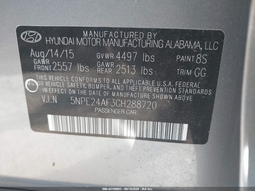 2016 Hyundai Sonata Se VIN: 5NPE24AF3GH288720 Lot: 43195883