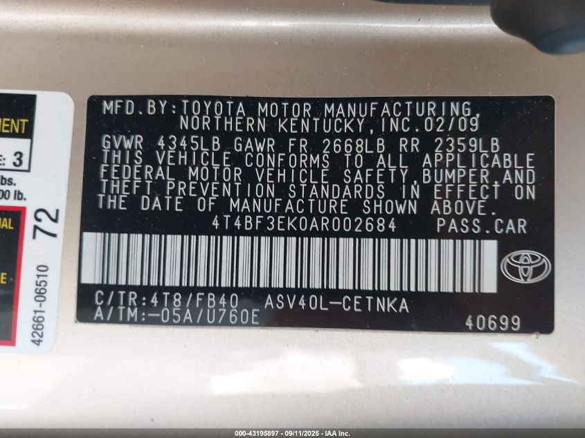 2010 Toyota Camry Le VIN: 4T4BF3EK0AR002684 Lot: 43195897