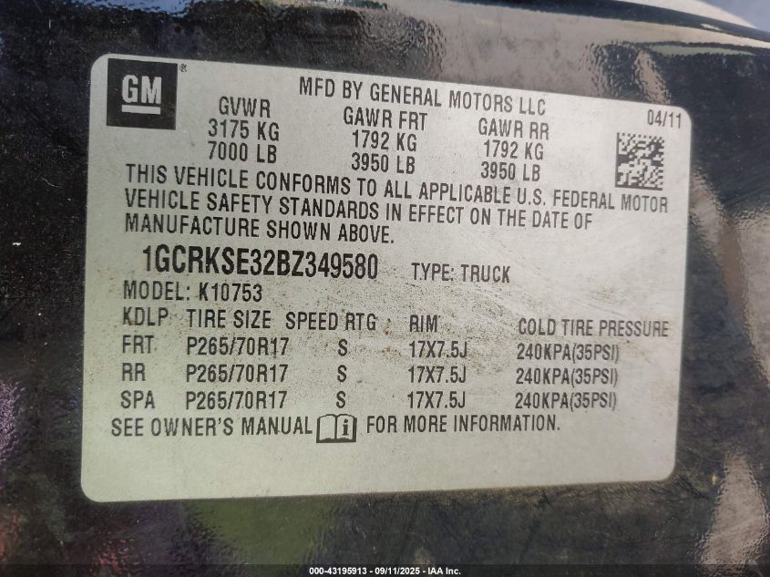 2011 Chevrolet Silverado 1500 Lt VIN: 1GCRKSE32BZ349580 Lot: 43195913