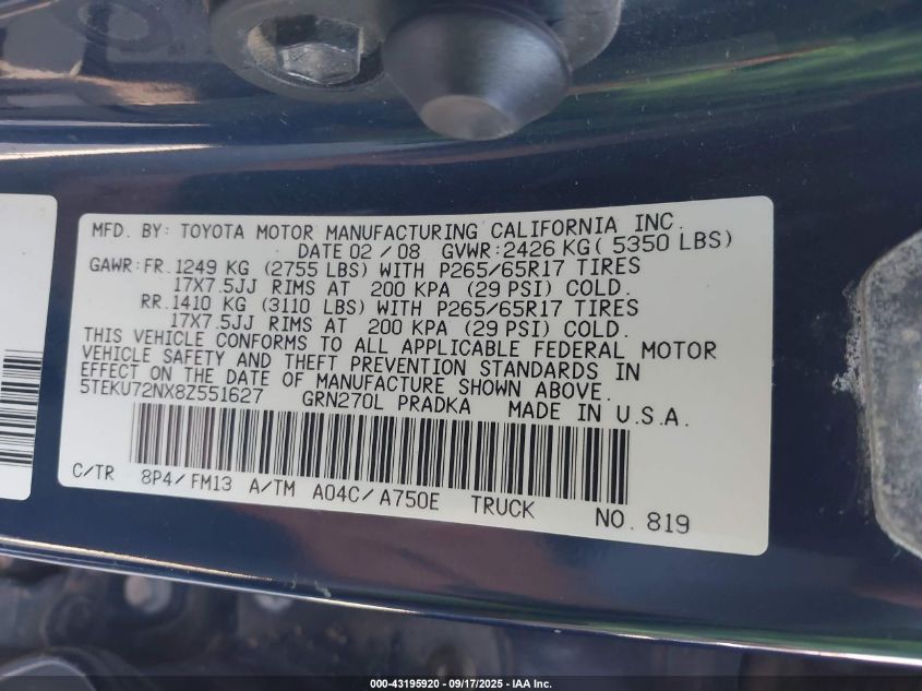 2008 Toyota Tacoma Prerunner V6 VIN: 5TEKU72NX8Z551627 Lot: 43195920
