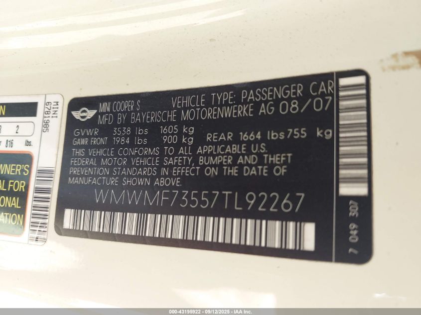 2007 Mini Cooper S VIN: WMWMF73557TL92267 Lot: 43195922