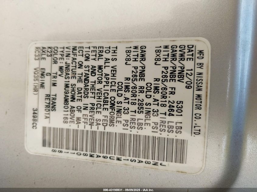 2010 Infiniti Fx35 VIN: JN8AS1MU9AM801168 Lot: 43195931