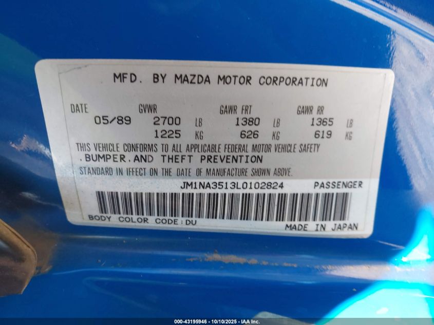 1990 Mazda Mx-5 Miata VIN: JM1NA3513L0102824 Lot: 43195946