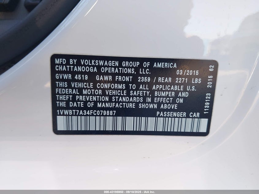 2015 VOLKSWAGEN PASSAT 1.8T SPORT - 1VWBT7A34FC079887