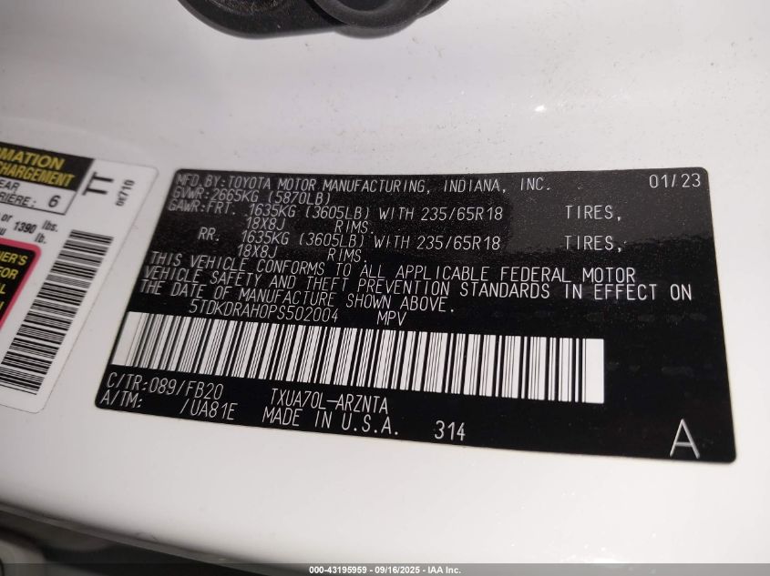 2023 Toyota Highlander L VIN: 5TDKDRAH0PS502004 Lot: 43195959