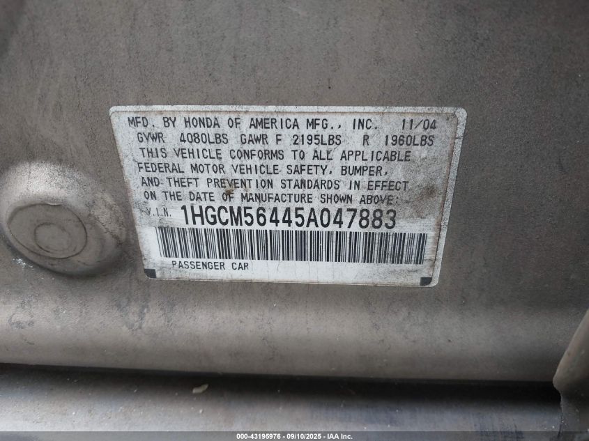 2005 Honda Accord 2.4 Lx VIN: 1HGCM56445A047883 Lot: 43195976