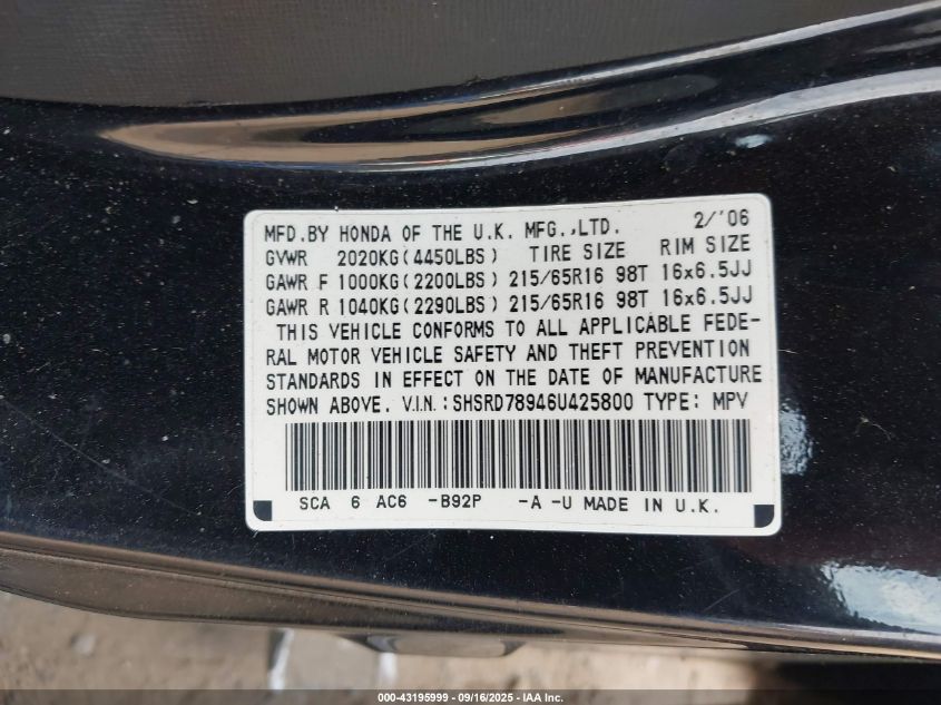 2006 Honda Cr-V Se VIN: SHSRD78946U425800 Lot: 43195999