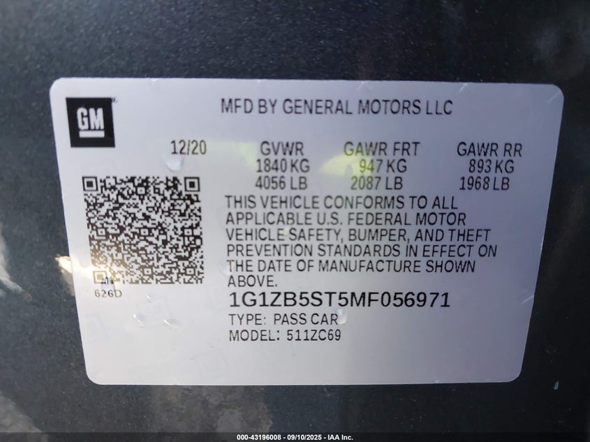 2021 Chevrolet Malibu Fwd Ls VIN: 1G1ZB5ST5MF056971 Lot: 43196008