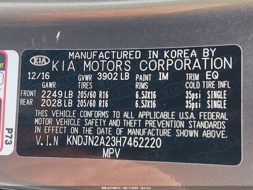 2017 Kia Soul VIN: KNDJN2A23H7462220 Lot: 43196012