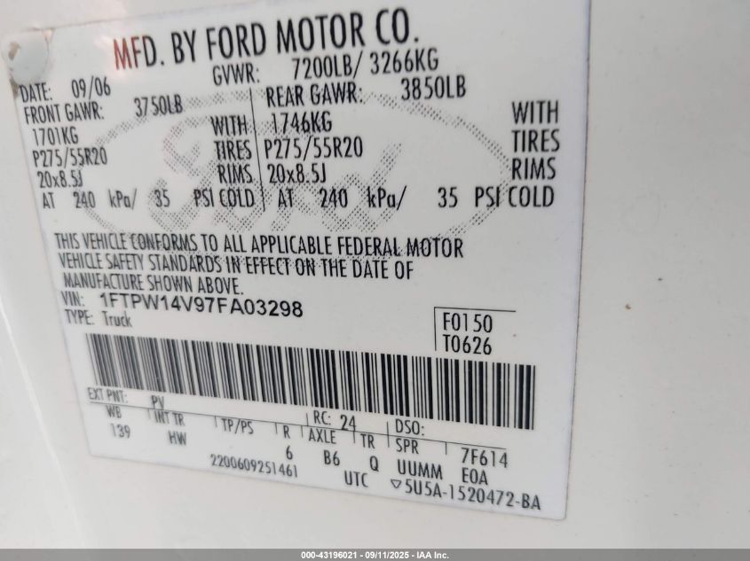 2007 Ford F-150 Fx4/Lariat/Xlt VIN: 1FTPW14V97FA03298 Lot: 43196021