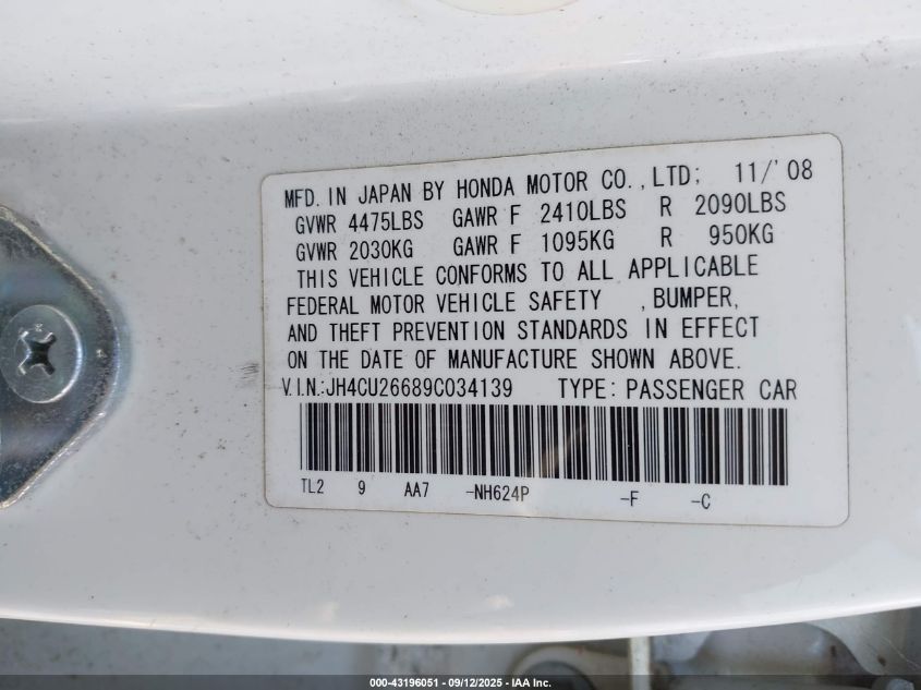 2009 Acura Tsx VIN: JH4CU26689C034139 Lot: 43196051