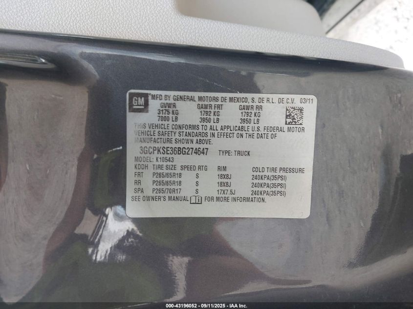 2011 Chevrolet Silverado 1500 Lt VIN: 3GCPKSE36BG274647 Lot: 43196052