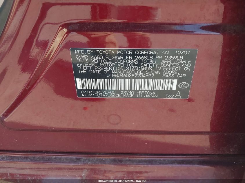 2008 Lexus Es 350 VIN: JTHBJ46GX82204692 Lot: 43196063