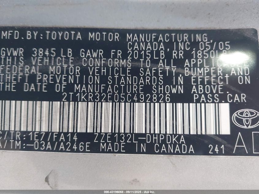 2005 Toyota Matrix VIN: 2T1KR32E05C492826 Lot: 43196068