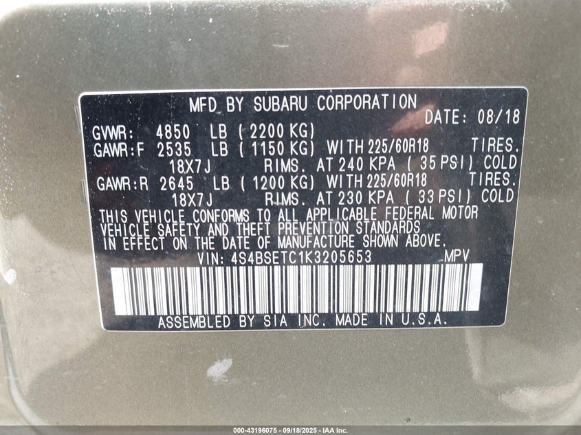 2019 Subaru Outback VIN: 4S4BSETC1K3205653 Lot: 43196075