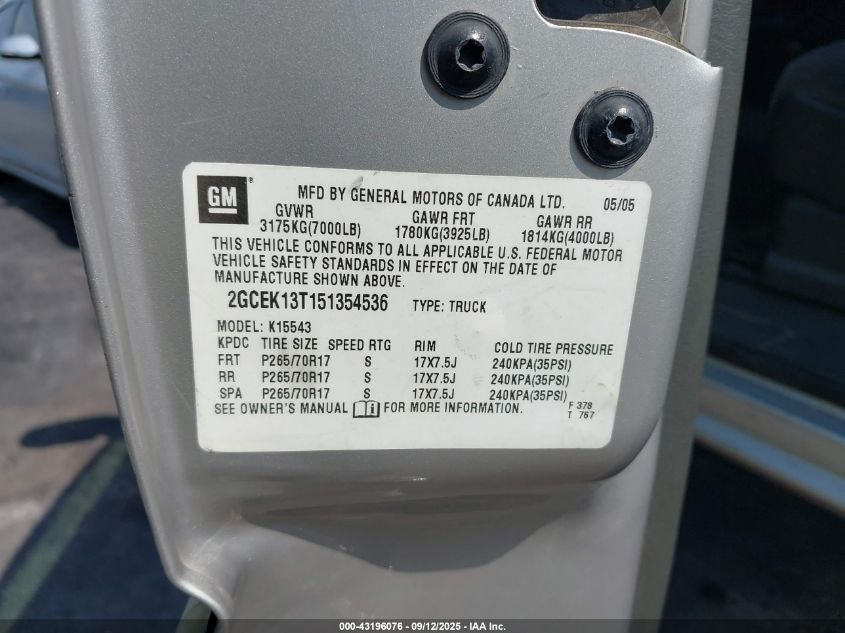 2005 Chevrolet Silverado 1500 Z71 VIN: 2GCEK13T151354536 Lot: 43196076