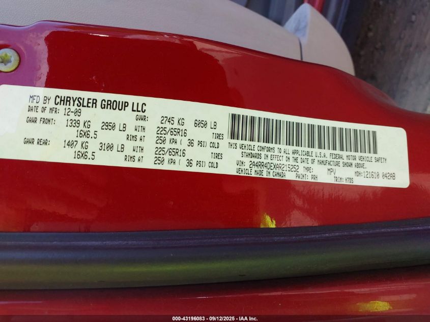 2010 Chrysler Town & Country Lx VIN: 2A4RR4DEXAR215252 Lot: 43196083